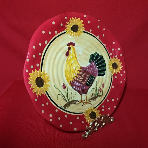 Decorative Rooster Sunflower Ceramic Plate Red 10" - Picture 7 of 11